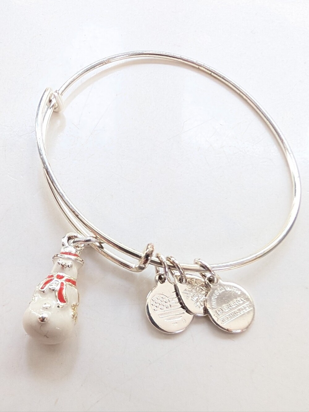 Alex And Ani Silver Tone Holiday Snowman Christmas Slide Charm Bangle Bracelet